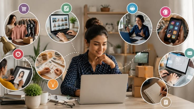 Collage con un blog, una tienda online, un curso digital, marketing de afiliados y una comunidad.
