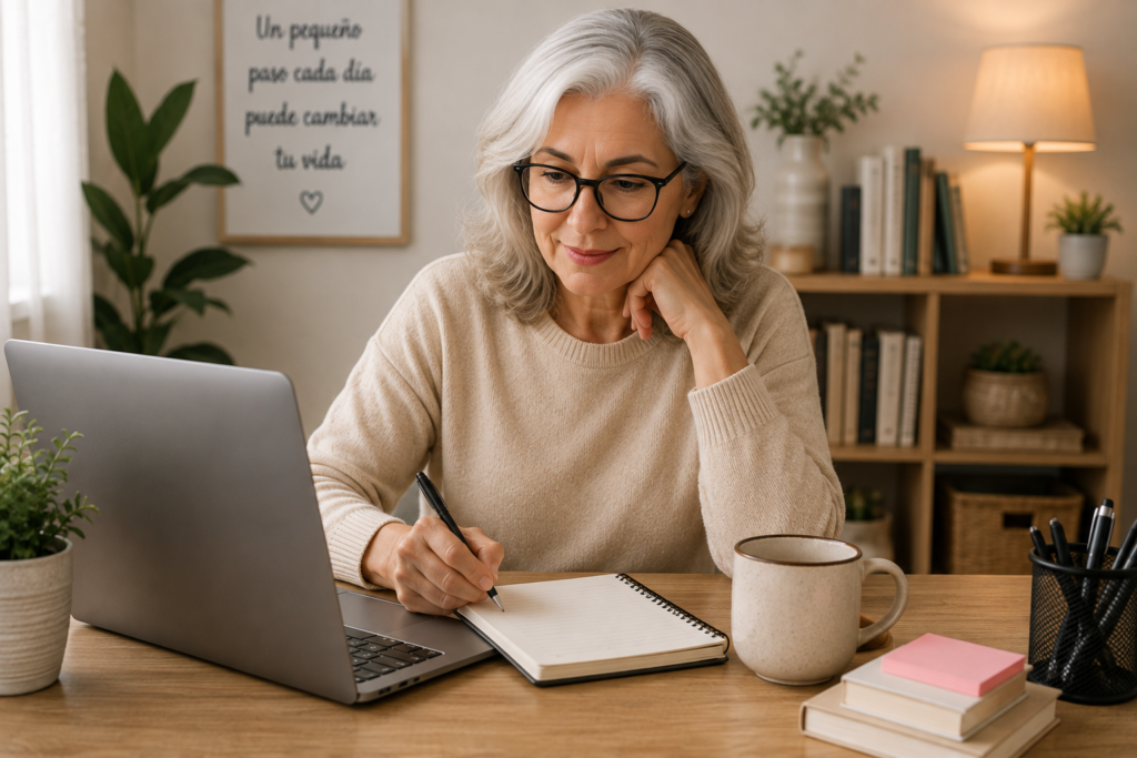  Mujer trabajando desde casa con computadora, libreta y café.