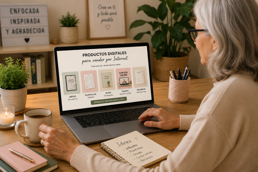 Computadora mostrando productos digitales, plantillas y recursos para vender por Internet.

