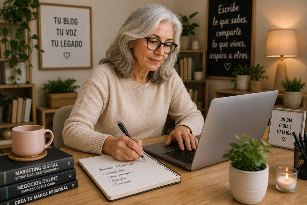 Mujer escribiendo un artículo en su computadora mientras desarrolla un blog desde casa.
