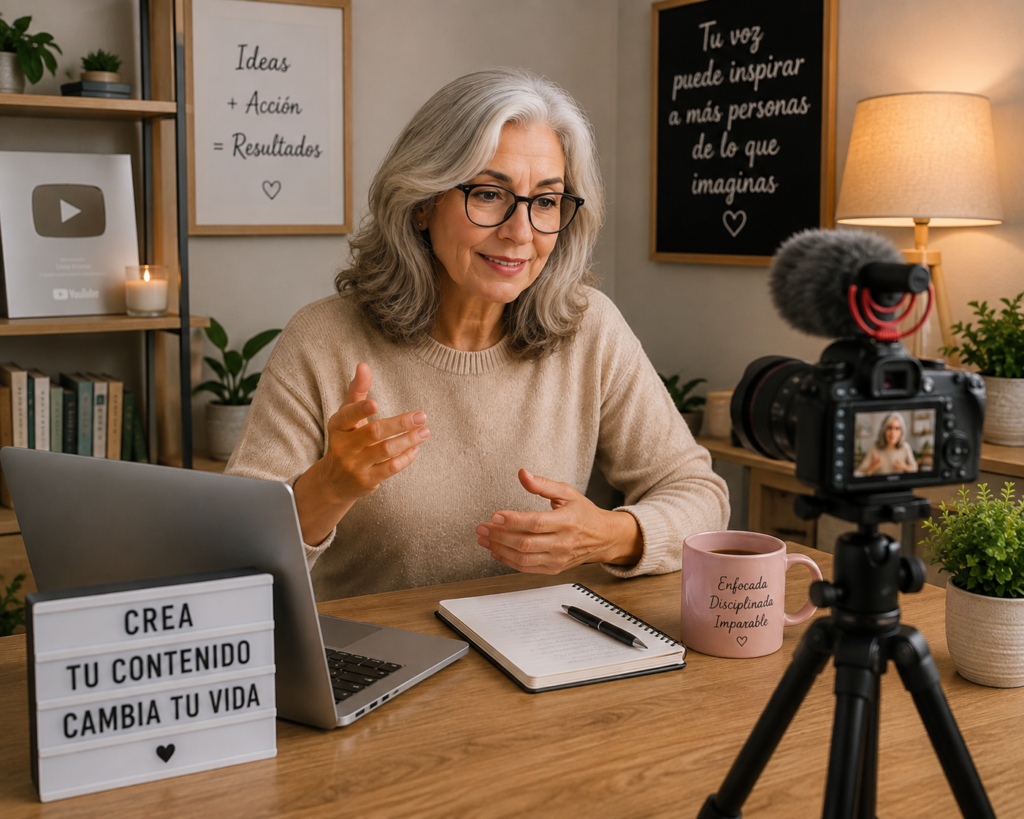 Mujer creando contenido para YouTube desde casa con computadora y cámara.

