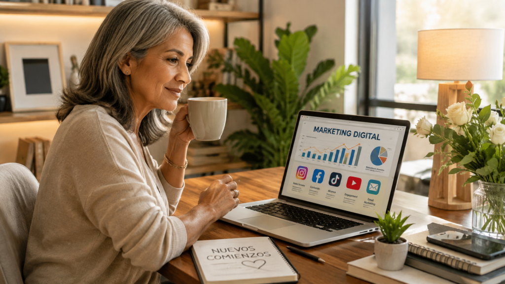 Qué es el marketing digital: mujer aprendiendo marketing digital desde casa.