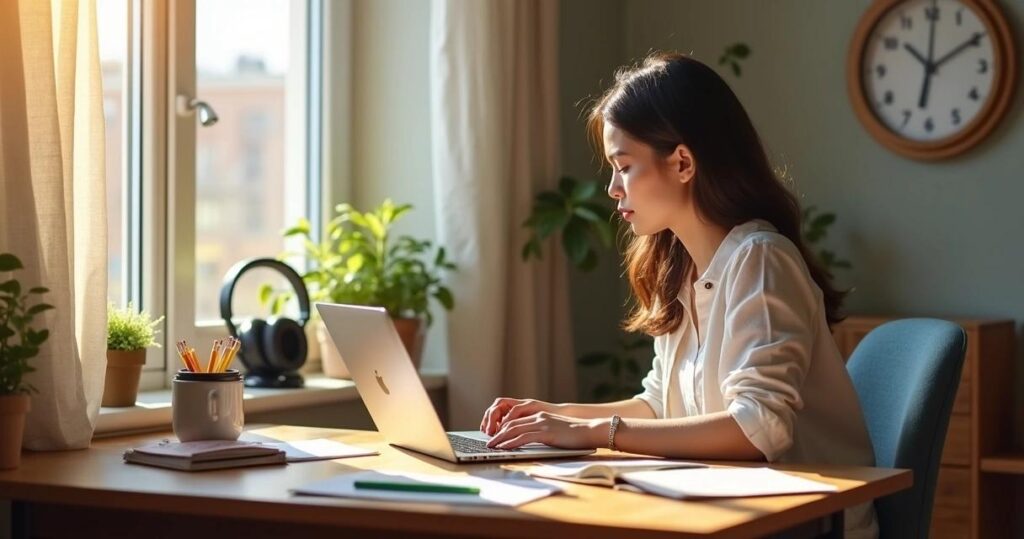 Una persona utilizando una computadora mientras aparece una interfaz moderna de IA.