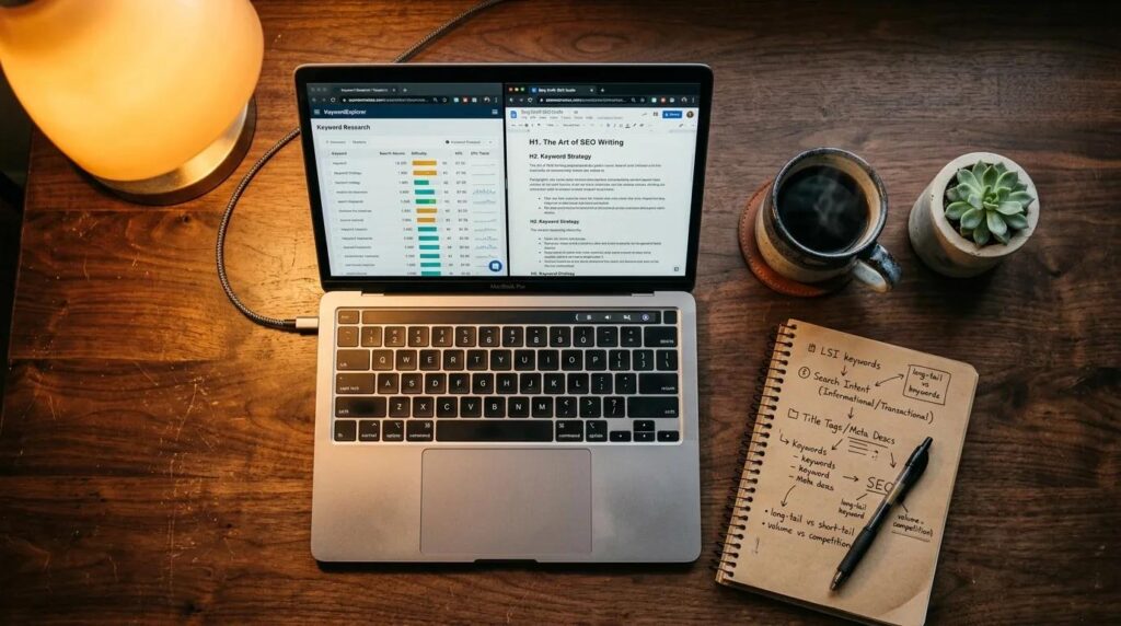 Mujer trabajando en SEO On-Page desde su computadora portátil